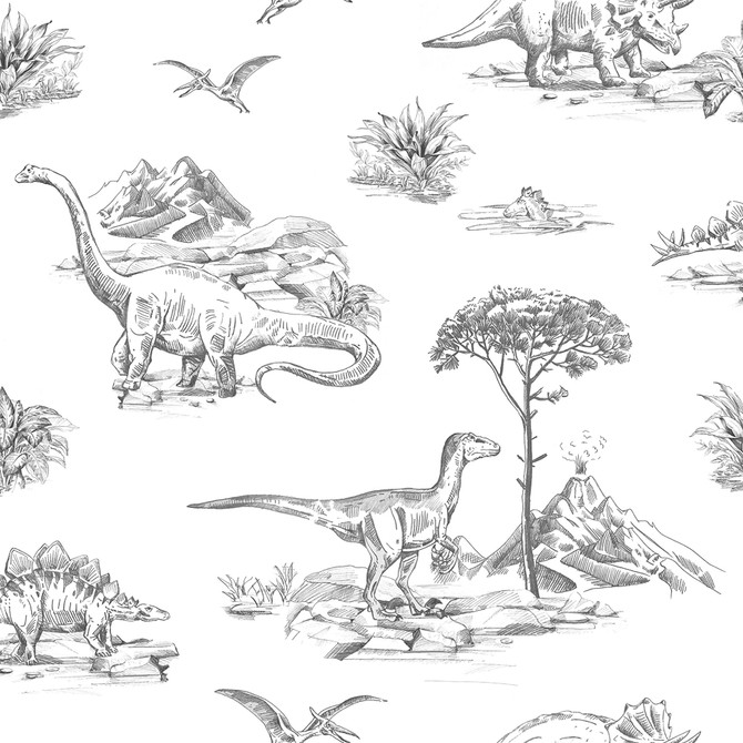 Isolde Charcoal Dinosaurs Wallpaper by Chesapeake Fable Covers about 57.5 square feet 20.9-in by 33-ft long roll Unpasted 10.4 - Fabric Carolina -