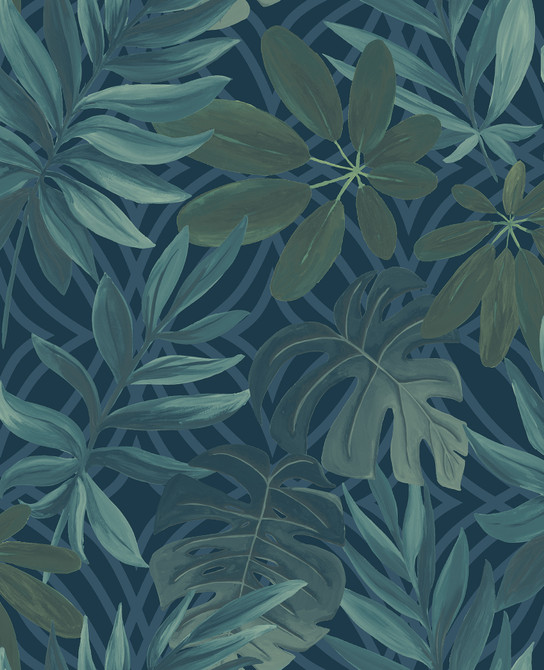 Nocturnum Dark Blue Leaves Wallpaper by Brewster Fresh Start Kitchen & Bath Covers about 56.4 square feet 20.5-in by 33-ft long roll Unpasted 12.6 - Fabric Carolina -
