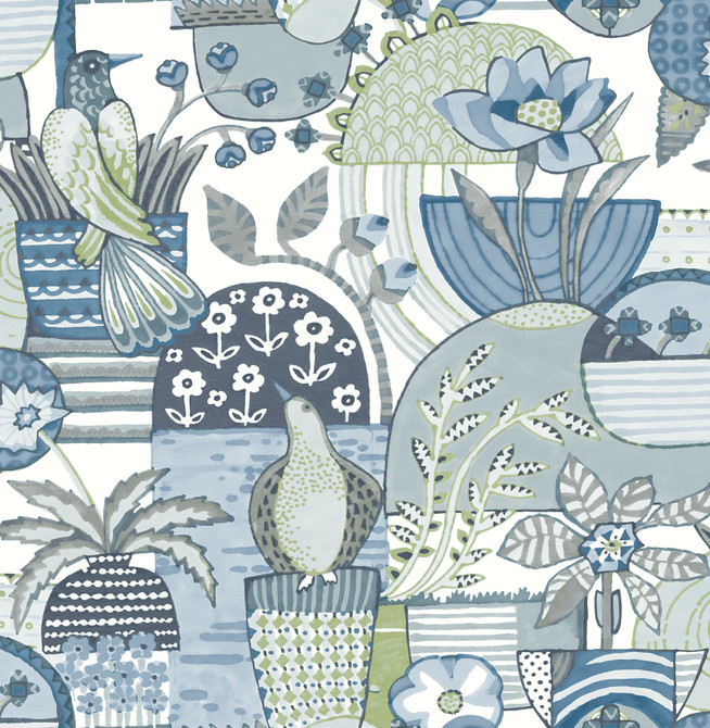 Fika Blue Blissful Birds & Blooms Wallpaper by A-Street Prints Hannah Covers about 56.4 square feet 20.5-in by 33-ft long roll Unpasted 20.9 - Fabric Carolina -