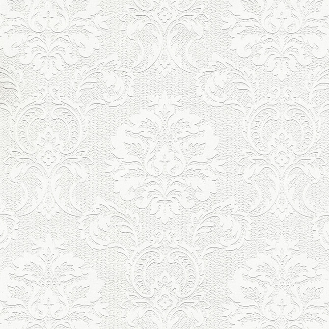 Plouf White Damask Paintable Wallpaper by Brewster PaintWorks Covers about 57.5 square feet 20.9-in by 33-ft long roll Prepasted 12.5 - Fabric Carolina -