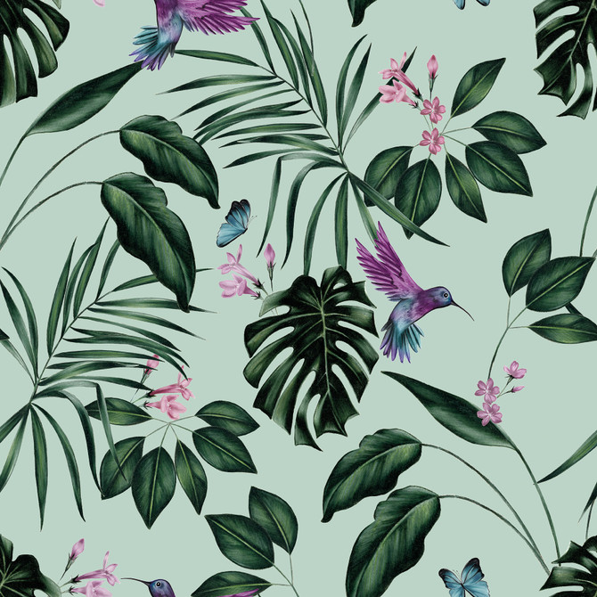 Clivia Mint Hummingbird Wallpaper by ohpopsi Wild Covers about 54.2 square feet 19.7-in by 33-ft long roll Unpasted 19.7 - Fabric Carolina -