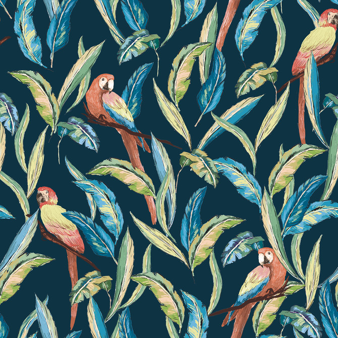 Timor Indigo Parrot Wallpaper by ohpopsi Wild Covers about 54.2 square feet 19.7-in by 33-ft long roll Unpasted 19.7 - Fabric Carolina -