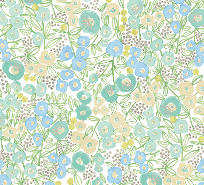 Flora Teal Garden Wallpaper by ohpopsi Glasshouse Covers about 54.2 square feet 19.7-in by 33-ft long roll Unpasted 31.9 - Fabric Carolina -