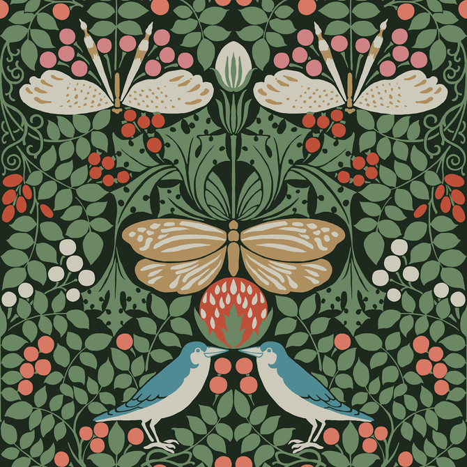 Butterfly Garden Green Metallic Wallpaper by Ronald Redding Arts and Crafts Covers about 56.4 square feet 20.5-in by 33-ft long roll Unpasted 20.5 - Fabric Carolina -
