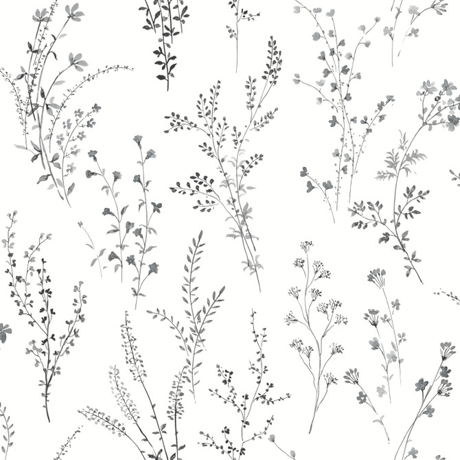 Wildflower Sprigs Black & White Wallpaper by Inspired by Color Black & White, III Covers about 56.4 square feet 20.5-in by 33-ft long roll Unpasted 20.5 - Fabric Carolina -
