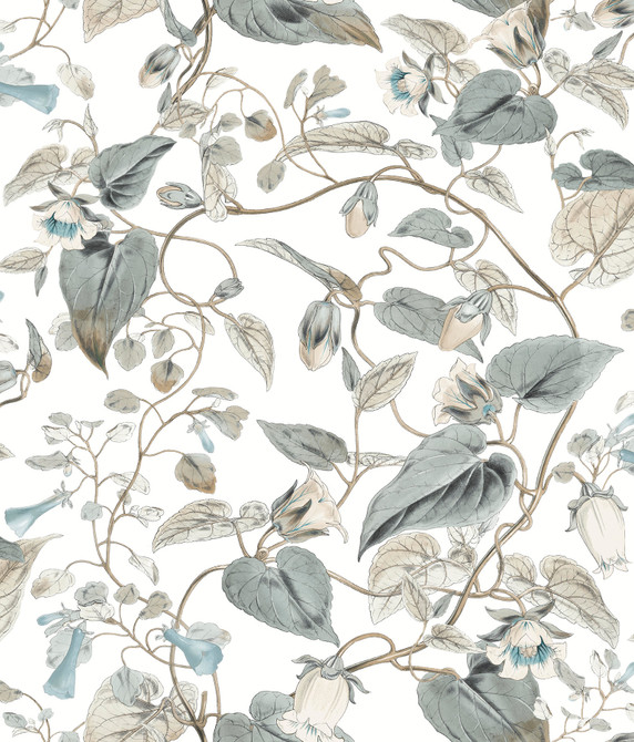 Moon Flower White & Blue Wallpaper by York Wallcoverings Blooms Covers about 56.4 square feet 20.5-in by 33-ft long roll Unpasted 24 - Fabric Carolina -
