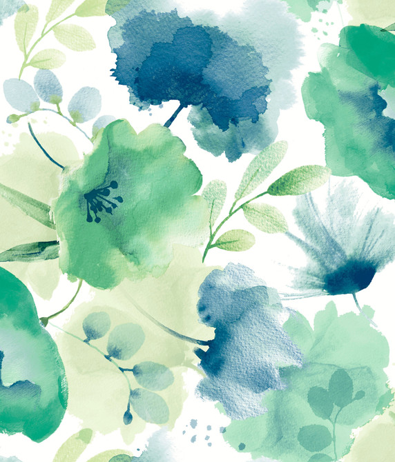 Watercolor Bouquet Blue & Green Wallpaper by York Wallcoverings Blooms Covers about 56.4 square feet 20.5-in by 33-ft long roll Unpasted 24 - Fabric Carolina -
