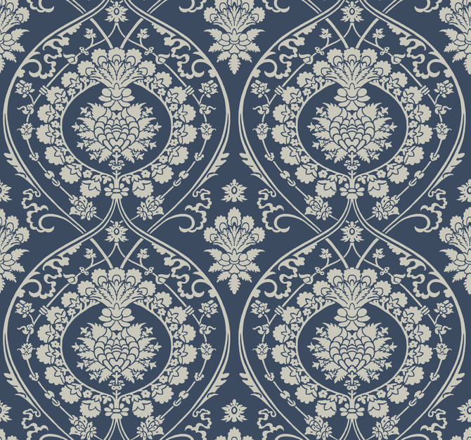 Imperial Damask Navy & Silver Wallpaper by York Wallcoverings Shimmering Finishes Covers about 60.8 square feet 27-in by 27-ft long roll Unpasted 12.6 - Fabric Carolina -