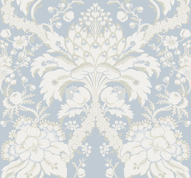 French Artichoke Dam Blue Wallpaper by York Wallcoverings Damask Resource Library Covers about 60.8 square feet 27-in by 27-ft long roll Prepasted 25.25 - Fabric Carolina -