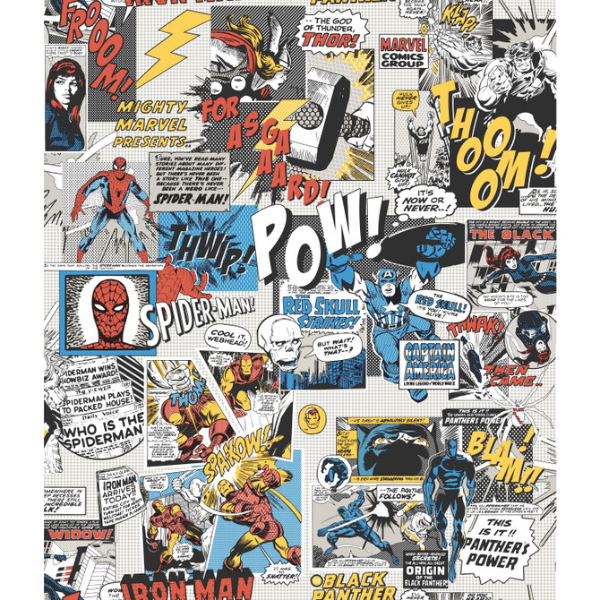 Marvel Comics Pow! Black & Blue Wallpaper by York Wallcoverings Disney Kids Vol. 4 Covers about 56.4 square feet 20.5-in by 33-ft long roll Unpasted 24 - Fabric Carolina -