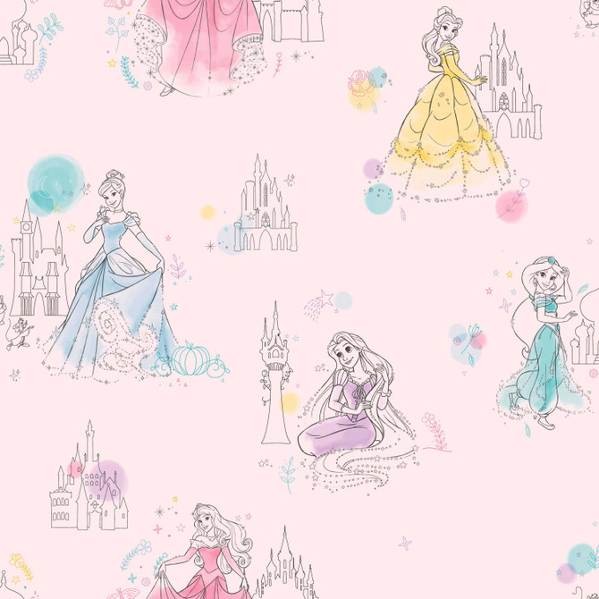 Disney Princess Pretty Elegant Pink Wallpaper by York Wallcoverings Disney Kids Vol. 4 Covers about 56.4 square feet 20.5-in by 33-ft long roll Unpasted 20.5 - Fabric Carolina -