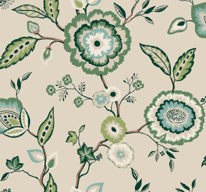 Dahlia Blooms Green & Beige Wallpaper by York Wallcoverings Earthy Tones Covers about 60.8 square feet 27-in by 27-ft long roll Prepasted 25.25 - Fabric Carolina -