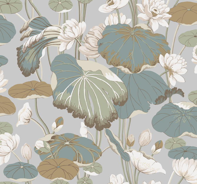 Lotus Pond Grey & Blue Wallpaper by York Wallcoverings Greenhouse Covers about 60.8 square feet 27-in by 27-ft long roll Prepasted 25.25 - Fabric Carolina -