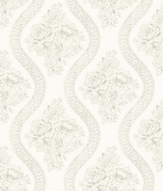 Coverlet Floral Grey & Off White Wallpaper by Magnolia Home Magnolia Home Covers about 56.4 square feet 20.5-in by 33-ft long roll Prepasted 12 - Fabric Carolina -