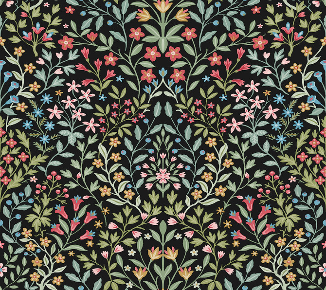 Garden Black & Multicolor Terrace Wallpaper by Magnolia Home Magnolia Home 4 Covers about 60.8 square feet 27-in by 27-ft long roll Prepasted 24 - Fabric Carolina -