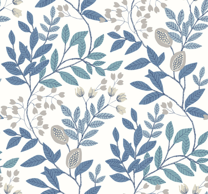Eden Retreat White & Blue Wallpaper by York Wallcoverings Mediterranean Covers about 60.8 square feet 27-in by 27-ft long roll Prepasted 25.25 - Fabric Carolina -