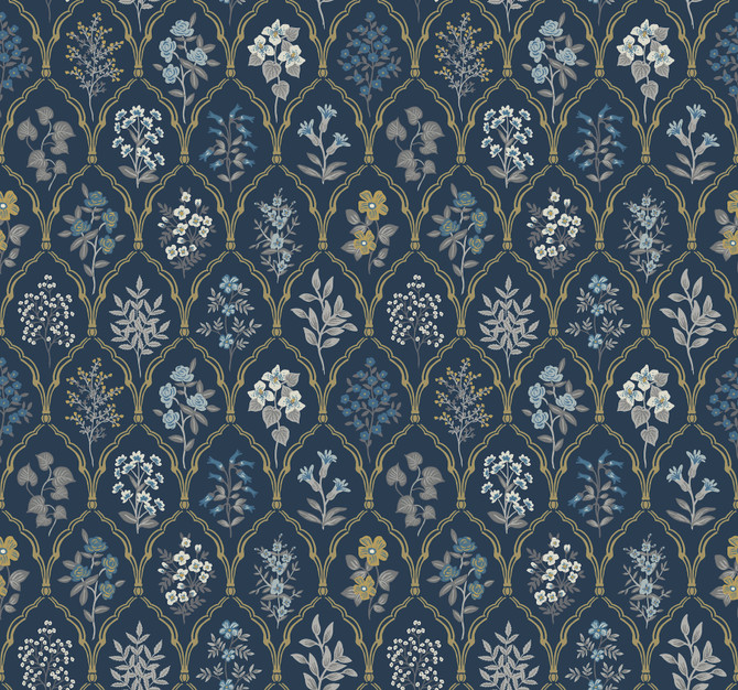 Hawthorne Navy & Gold Wallpaper by Rifle Paper Co. Rifle Paper Co. Covers about 60.8 square feet 27-in by 27-ft long roll Unpasted 25.25 - Fabric Carolina -