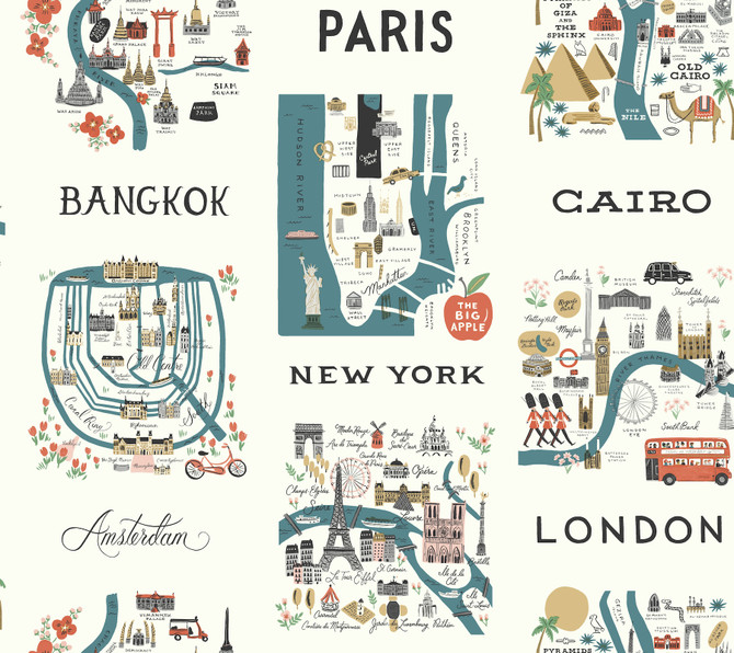 City Maps Blue & Red Wallpaper by Rifle Paper Co. Rifle Paper Co. Covers about 60.8 square feet 27-in by 27-ft long roll Unpasted 24 - Fabric Carolina -