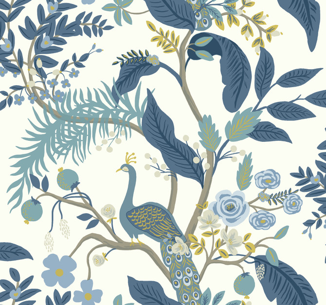 Peacock Blue & White Wallpaper by Rifle Paper Co. Rifle Paper Co. Covers about 60.8 square feet 27-in by 27-ft long roll Unpasted 25.25 - Fabric Carolina -