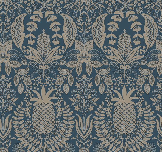 Pineapple Damask Navy Wallpaper by Rifle Paper Co. Rifle Paper Co. 3rd Edition Covers about 60.8 square feet 27-in by 27-ft long roll Unpasted 25.25 - Fabric Carolina -