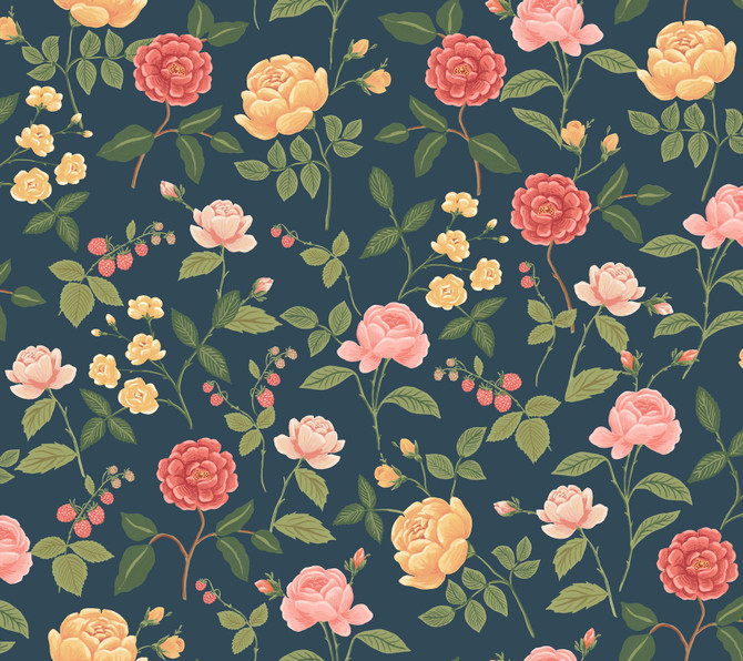 Roses Navy Wallpaper by Rifle Paper Co. Rifle Paper Co. 3rd Edition Covers about 60.8 square feet 27-in by 27-ft long roll Unpasted 24 - Fabric Carolina -