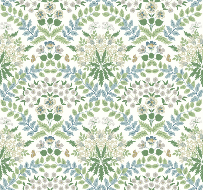 Bramble White & Blue Wallpaper by Rifle Paper Co. Rifle Paper Co. Second Edition Covers about 60.8 square feet 27-in by 27-ft long roll Unpasted 25.25 - Fabric Carolina -