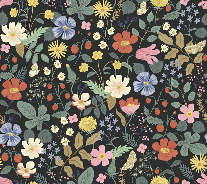 Strawberry Fields Black & Green Wallpaper by Rifle Paper Co. Rifle Paper Co. Second Edition Covers about 60.8 square feet 27-in by 27-ft long roll Unpasted 24 - Fabric Carolina -