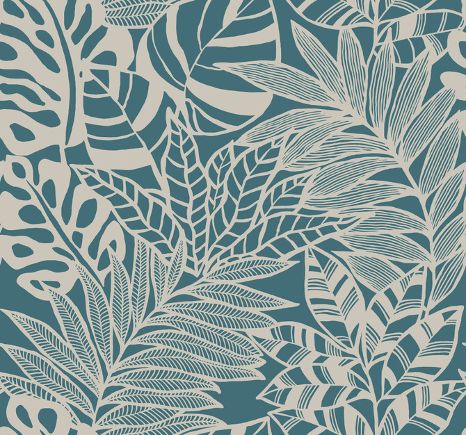 Jungle Leaves Teal Wallpaper by York Wallcoverings Silhouettes Covers about 60.8 square feet 27-in by 27-ft long roll Unpasted 25.25 - Fabric Carolina -