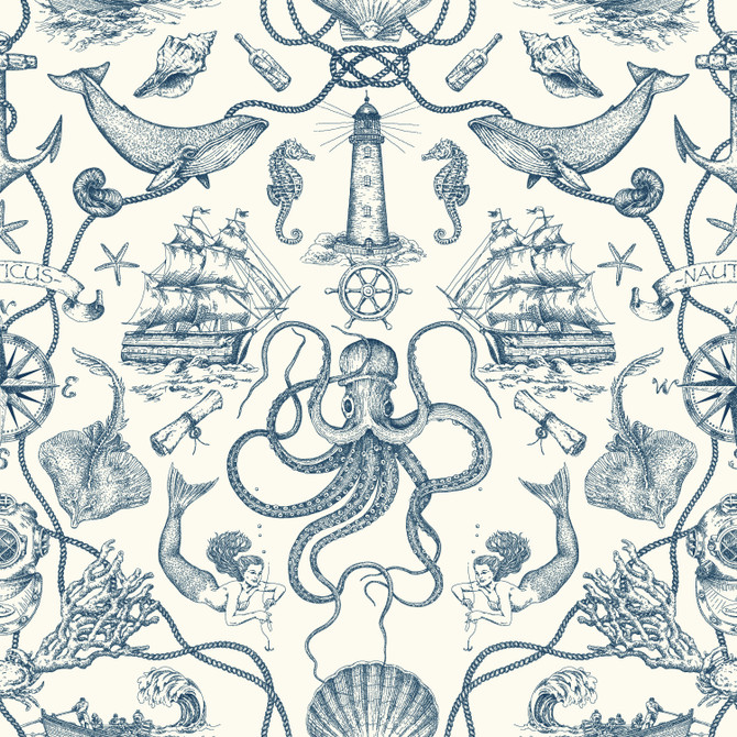 Deep Sea Toile Blue Wallpaper by York Wallcoverings Tailored Covers about 56.4 square feet 20.5-in by 33-ft long roll Prepasted 20.5 - Fabric Carolina -