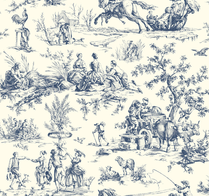 Seasons Toile Navy Wallpaper by York Wallcoverings Toile Resource Library Covers about 60.8 square feet 27-in by 27-ft long roll Prepasted 25.25 - Fabric Carolina -