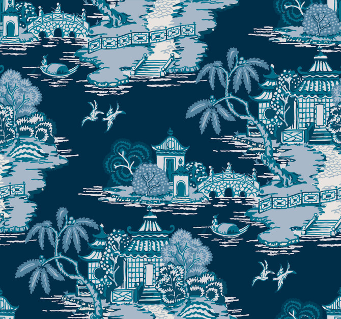 Pagoda And Sampan Scenic Navy Wallpaper by York Wallcoverings Toile Resource Library Covers about 60.8 square feet 27-in by 27-ft long roll Unpasted 25.25 - Fabric Carolina -