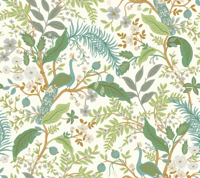 Peacock Garden White Peel & Stick Wallpaper by Rifle Paper Co. P&S Rifle Paper 3 Covers about 45 square feet 27-in by 20-ft long roll Peel & Stick 24 - Fabric Carolina -