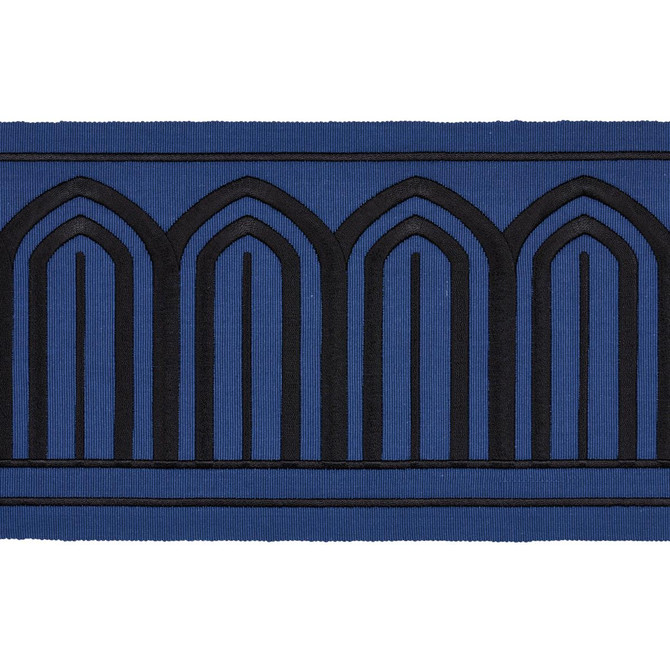 Arches Embroidered Tape Wide Black On Navy 81160 by Schumacher Trim Miles Redd 5.3" - Fabric Carolina -