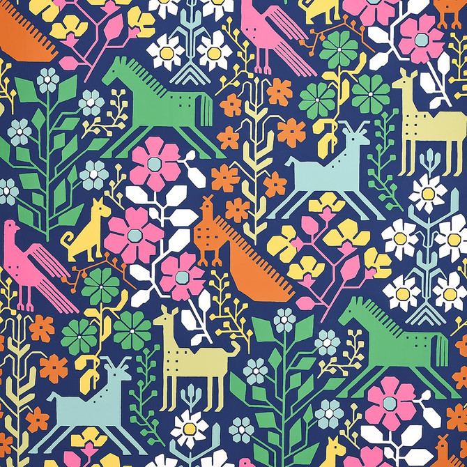 Lupita Multi On Navy 5013760 by Schumacher Wallpaper Moon River 27.0" - Fabric Carolina -