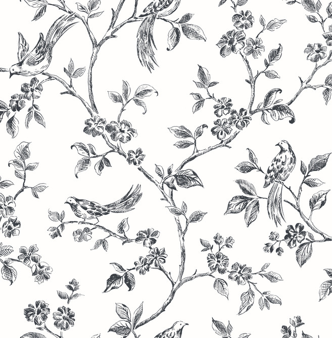 Ophelia Black Bird Trail Wallpaper by Advantage Shades of Grey Covers about 56.4 square feet 20.5-in by 33-ft long roll Unpasted 10.4 - Fabric Carolina -