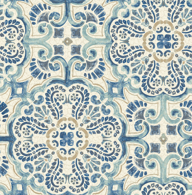 Florentine Blue Tile Wallpaper by A-Street Prints Restored Covers about 56.4 square feet 20.5-in by 33-ft long roll Unpasted 21 - Fabric Carolina -