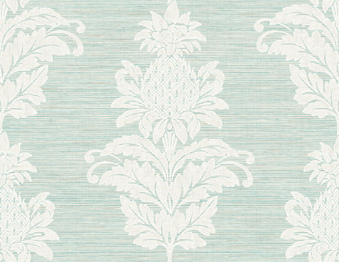 Pineapple Grove Turquoise Damask Wallpaper by Kenneth James Palm Springs Covers about 60.8 square feet 27-in by 27-ft long roll Unpasted 21 - Fabric Carolina -