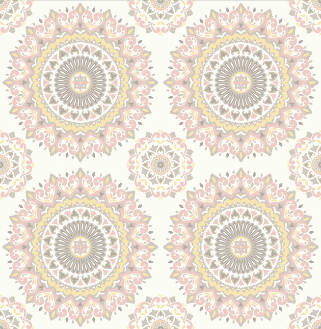 Gemma Light Pink Boho Medallion Wallpaper by A-Street Prints Kismet Covers about 56.4 square feet 20.5-in by 33-ft long roll Unpasted 10.5 - Fabric Carolina -