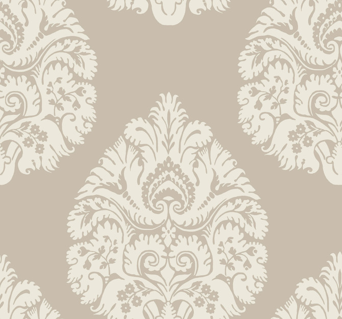 Teardrop Damask Beige Wallpaper by Ronald Redding 24 Karat Covers about 60.8 square feet 27-in by 27-ft long roll Unpasted 25.25 - Fabric Carolina -