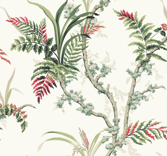 Enchanted Fern Green & Red Wallpaper by York Wallcoverings Grandmillennial Covers about 60.8 square feet 27-in by 27-ft long roll Prepasted 25.25 - Fabric Carolina -