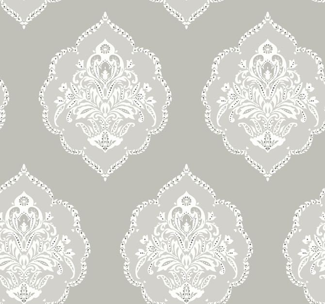 Signet Medallion Damask Grey Wallpaper by Inspired by Color Beige & Neutrals Covers about 60.8 square feet 27-in by 27-ft long roll Prepasted 25.25 - Fabric Carolina -