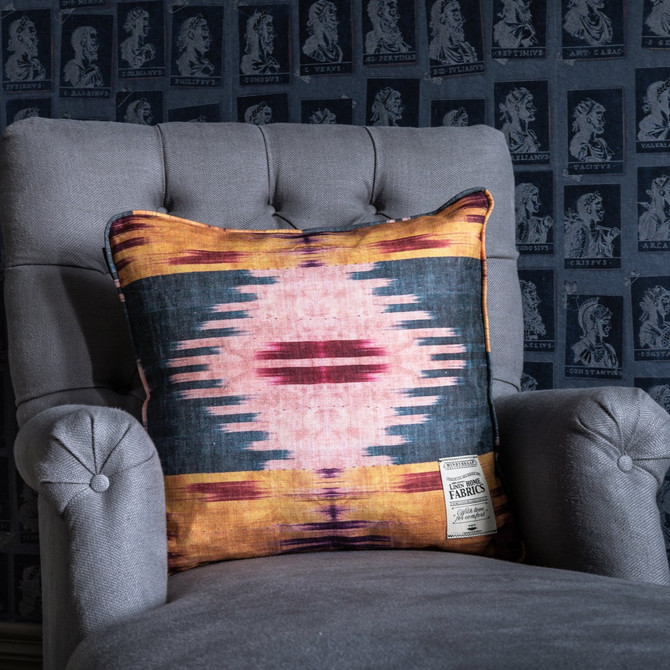 PATOLA Linen Cushion (LC40018) by Mind The Gap | LC40018 | NOMAD STORY | 20 x 20 in | Blue, Red, Yellow | Fabric Carolina | https://www.fabriccarolina.com/