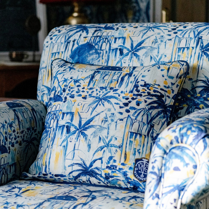 RHODES Cushion (LC40114) by Mind The Gap | LC40114 | SUNDANCE VILLA | 20 x 20 in | Indigo, White, Yellow | Fabric Carolina | https://www.fabriccarolina.com/