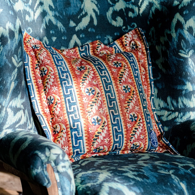 SAMOTHRAKI Cushion (LC40116) by Mind The Gap | LC40116 | SUNDANCE VILLA | 20 x 20 in | Blue, Orange, Yellow | Fabric Carolina | https://www.fabriccarolina.com/