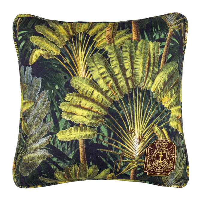 TRAVELLER'S PALM Cushion (LC40073) by Mind The Gap | LC40073 | THE TROPICAL COTTAGE | 20 x 20 in | Black, Green | Fabric Carolina | https://www.fabriccarolina.com/