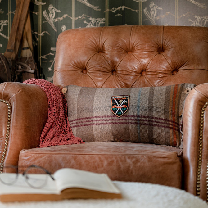 CHALET PLAID Cushion (LC40188) by Mind The Gap | LC40188 | TYROL APRES-SKI HOME COLLECTION | 20 x 12 in | Brown, Mint, Orange, Taupe | Fabric Carolina | https://www.fabriccarolina.com/