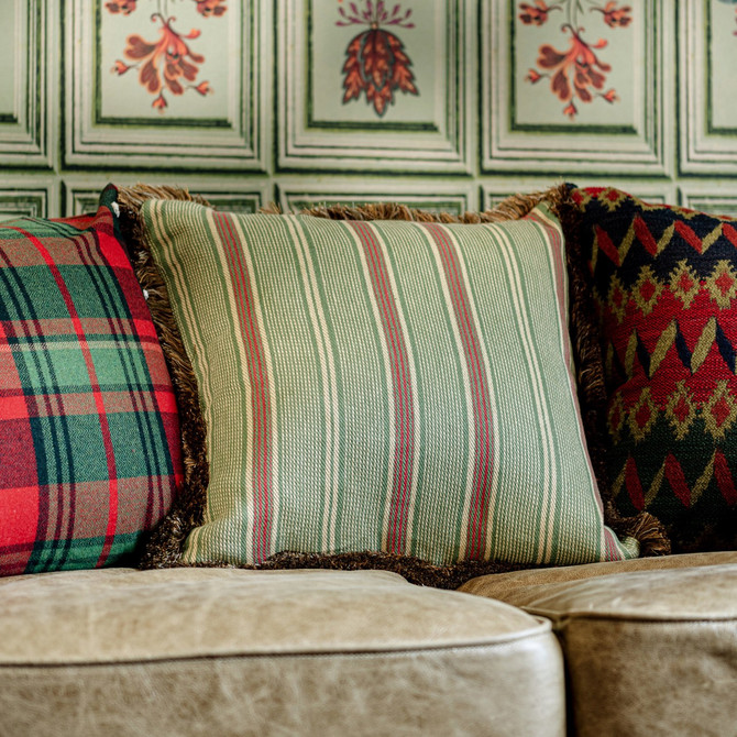 TYROLEAN STRIPES Cushion (LC40183) by Mind The Gap | LC40183 | TYROL APRES-SKI HOME COLLECTION | 20 x 20 in | Brown, Green | Fabric Carolina | https://www.fabriccarolina.com/