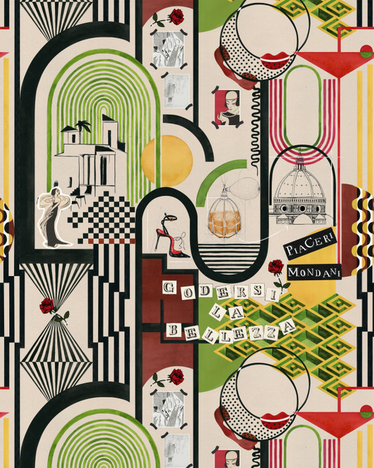 PIACERI MONDANI Wallpaper (WP20854) by Mind The Gap | WP20854 | LA DOLCE VITA | 3 rolls x 20.5 x 118.1 in | 0.52m / 20.5in | 3m / 118in | 4.68mp | 150cm / 59in | Black, Brown, Green, Red, Yellow | Textured Matte | Paste the wall | 3-rolls in a box | Fabric Carolina | https://www.fabriccarolina.com/