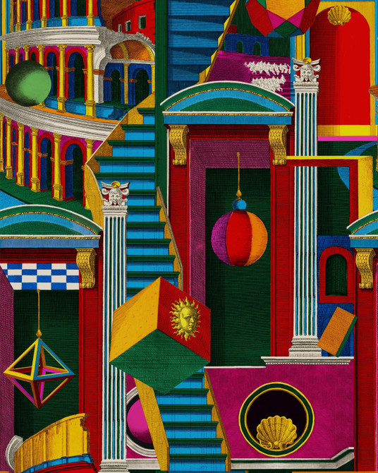 PIAZZA DEGLI ARLECCHINI Wallpaper (WP20855) by Mind The Gap | WP20855 | LA DOLCE VITA | 1 roll x 20.47 x 354.33 in | 0.52m / 20.5in | 9m / 354in | 4.68mp | 70cm / 27.6in | Blue, Fucsia, Green, Orange, Red, Turquoise, White, Yellow | Textured Matte | Paste the wall | 1-roll in a box | Fabric Carolina | https://www.fabriccarolina.com/