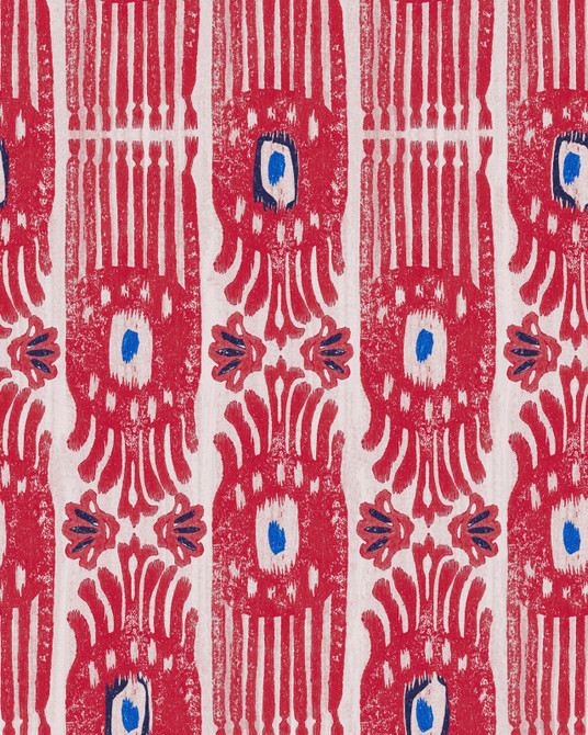 IKAT Raspberry Ripple Wallpaper (WP20819) by Mind The Gap | WP20819 | MINNIE KEMP X MINDTHEGAP | 1 roll x 20.47 x 354.33 in | 0.52m / 20.5in | 9m / 354in | 4.68mp | 70cm / 27.6in | Blue, Pink, Taupe | Non-woven | Paste the wall | 1-roll in a box | Fabric Carolina | https://www.fabriccarolina.com/